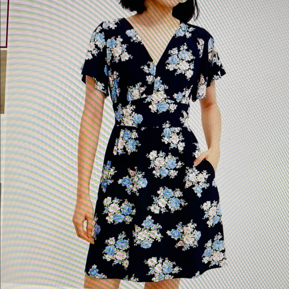 LOFT Navy Blue Floral V Neck Dress Size 12